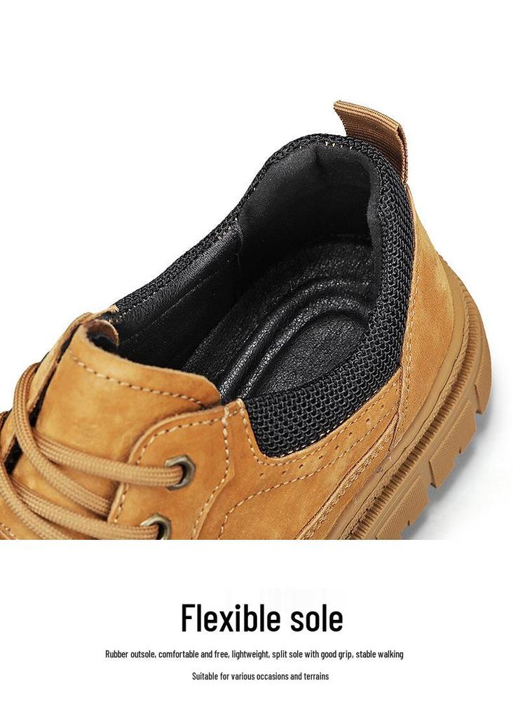 Men's Genuine Leather Outdoor Short Boots, Warm Plus Velvet, Autumn Winter Workwear, Yellow Martin Design.