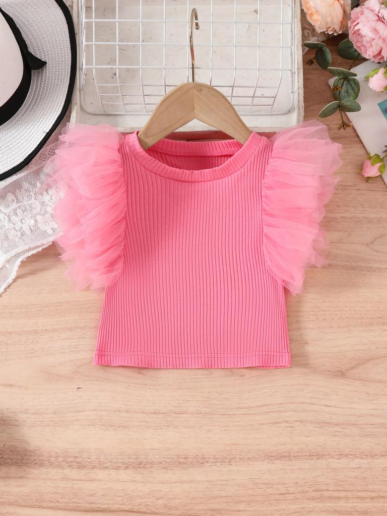 Girls Sweet Mesh Sleeve Top With Ruffle Round Neck