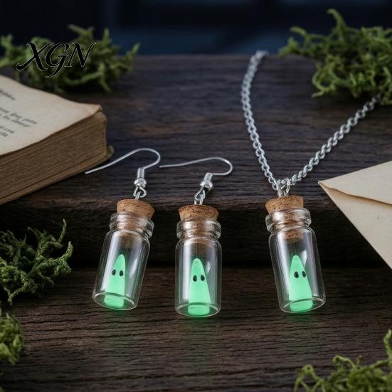 Unique Handmade Fantasy Gift Glow Ghost Necklace, Glow-in-the-dark in Bottle Pendant, Cute Halloween Party Favors Necklace Earrings, Gothic