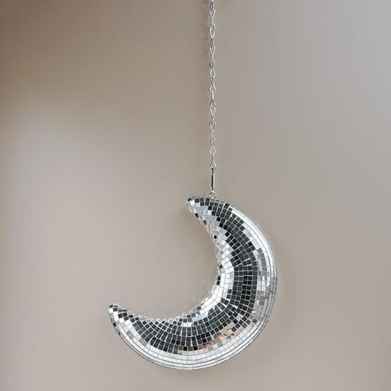 Disco Ball Eye-Catching Moon Shaped Disco Bal Reflective Hanging Ornament with Chain Hook Party Decor