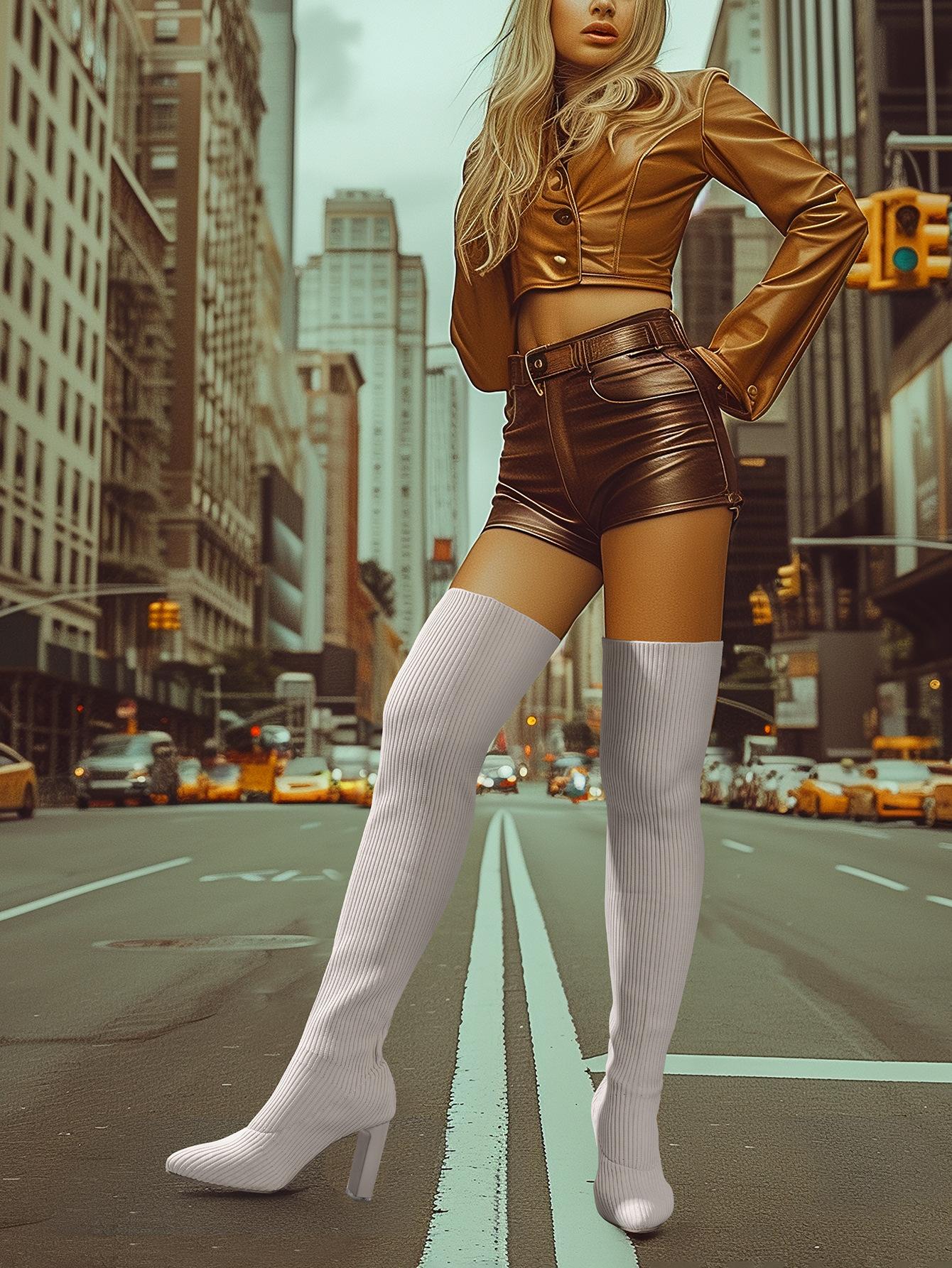 

Новые осенне-зимние толстые ботфорты на высоком каблуке, эластичный шерстяной рукав машинной вязки, женские ботинки с острым носком, женская обувь большого размера 43