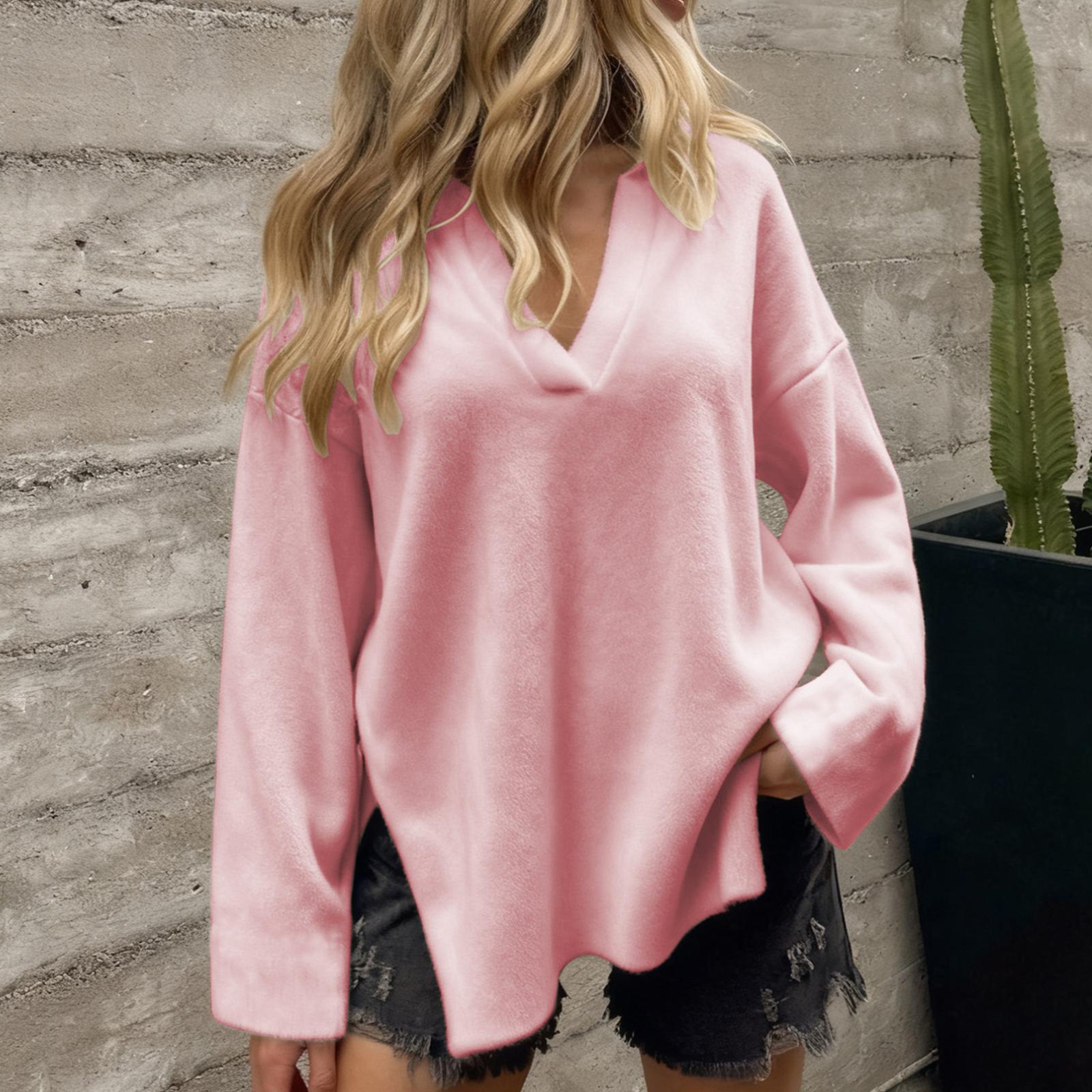 

Женский повседневный и модный удобный трикотажный топ с V-образным вырезом и длинным рукавом XL розовый