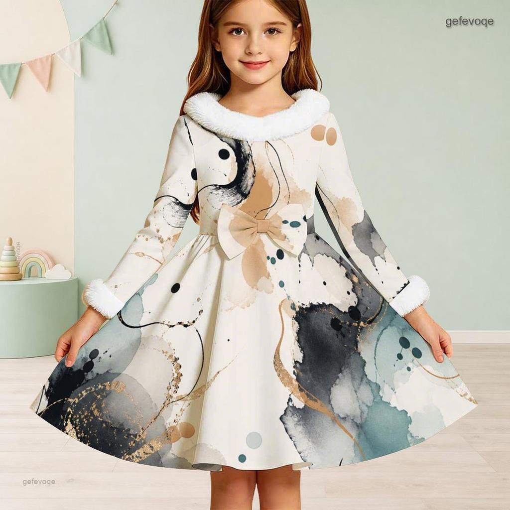 Girls Off White Printed Long Sleeve Fur Collar Bow A Line Flared Dress