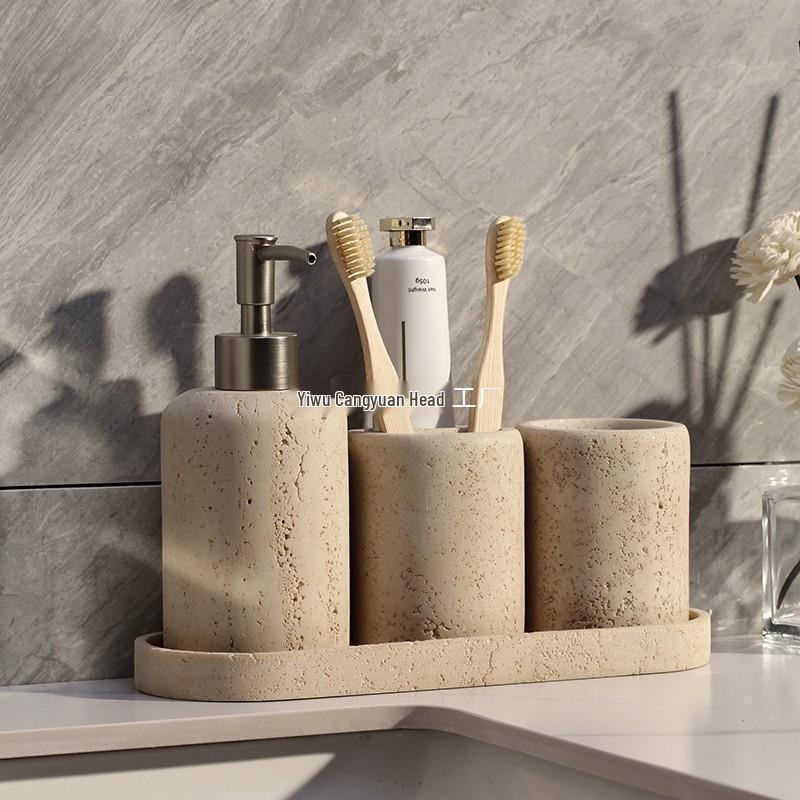 Travertine 4-Piece Bathroom Set: Mouthwash Cup, Toothpaste Holder, Electric Toothbrush Rack