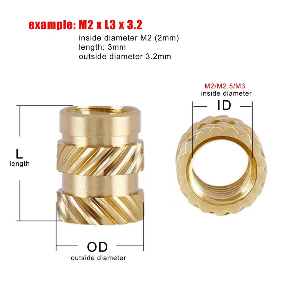 50/100 pezzi M1.6 M2 M2.5 M3 M4 Dado a Inserimento Solido in Ottone Rame per Stampaggio a Iniezione a Caldo/Fusione a Caldo Filettatura Doppia Twill Zigrinata