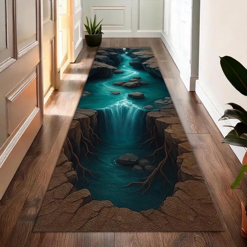 3D Blue Canyon River Hallway Runner Rug - Realistic Landscape Illusion Floormat Ideal for Corridor Decor