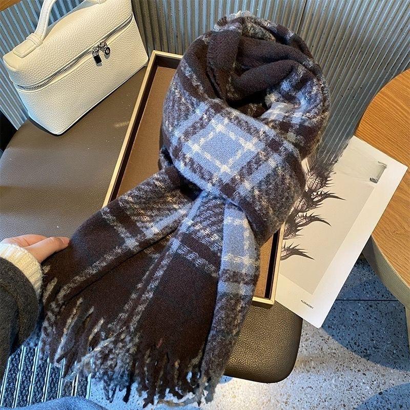 Haze Blue Checkered Scarf Korean Style High End Versatile Student Long Style Couple Warm Shawl and Scarf