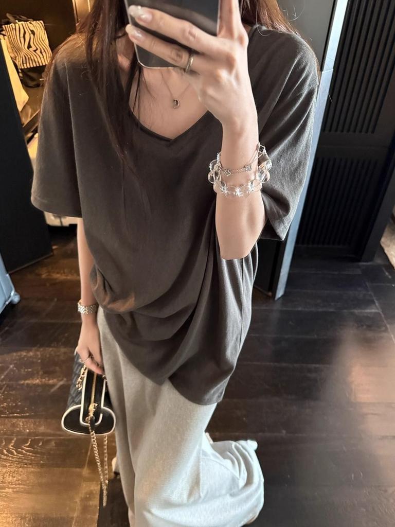 Slack Snowflake Texture Curled V-neck Short-sleeved T-shirt Women's Summer New Lazy Wind Versatile Thin Top