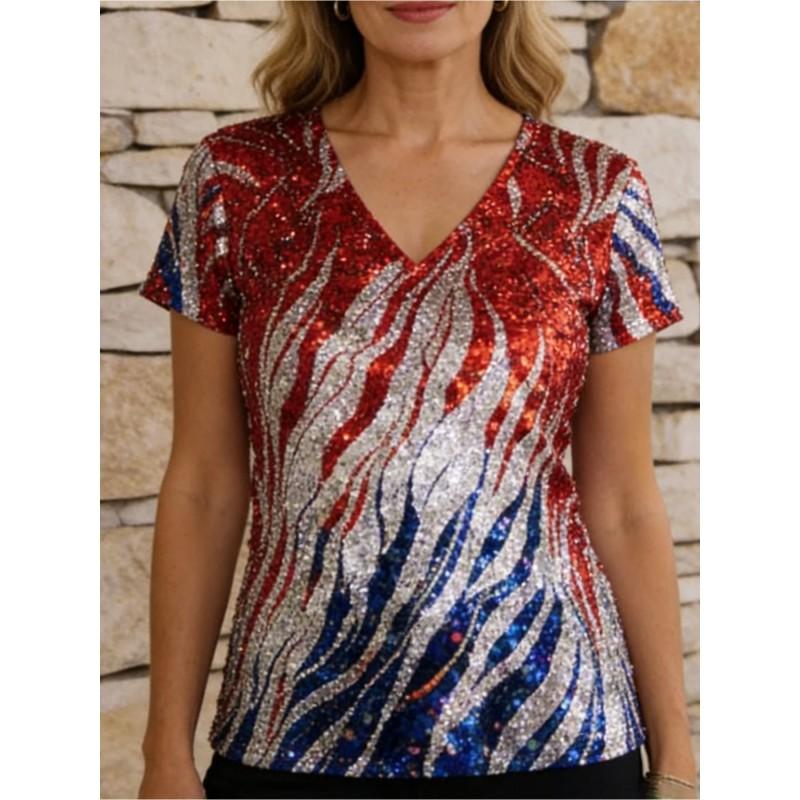 V-Neck Short Sleeve T-Shirt With Blue White Striped Print Loose Fit Casual Top Women 2025