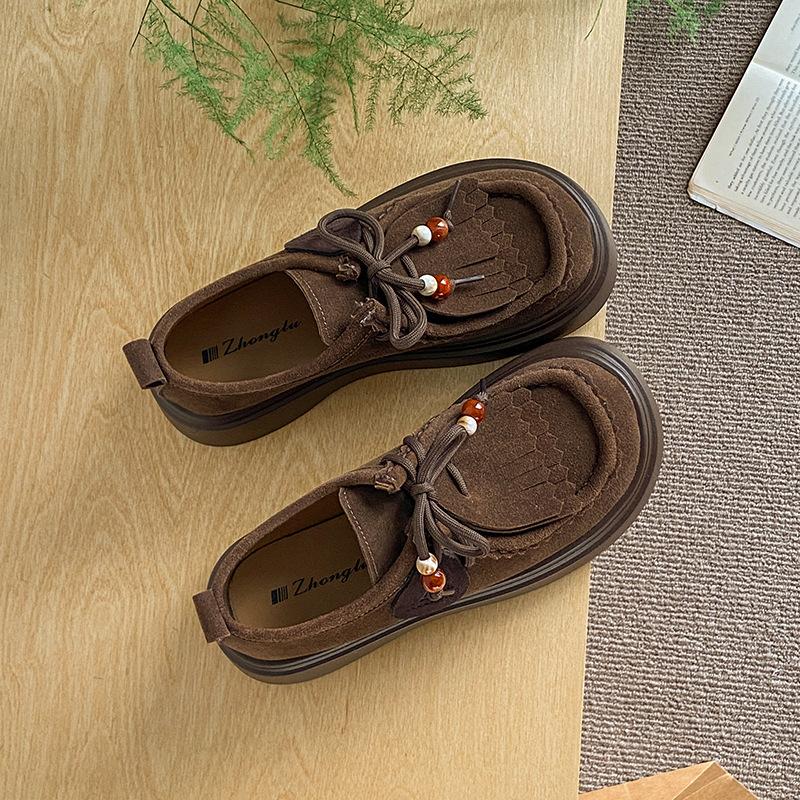 Loafers Women's 2025 New Design Beaded Tassel Lace-up Single Shoes Autumn Small Height Increase Boken Shoes