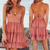 Summer Sexy Women Lace Patchwork V Neck Spaghetti Strap Bow Backless Mini Dress