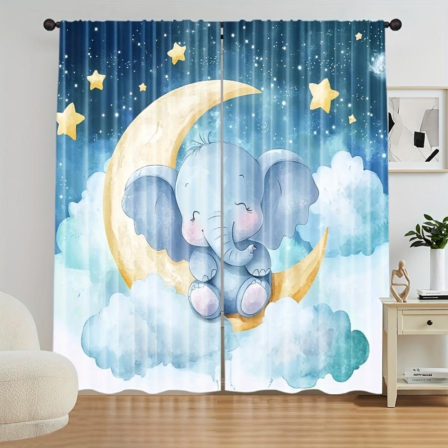2PCS Digital Print Curtain, Cute Cartoon Elephant Moon Stars Pattern, Watercolor Nursery Theme for Baby Kids Bedroom Home Decor