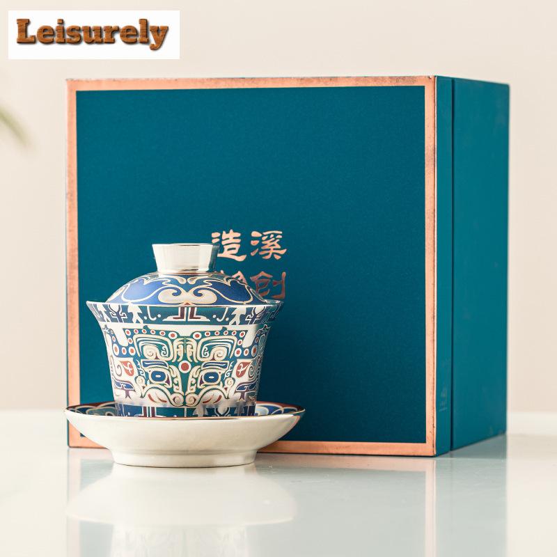 Handmade 999 Gilt Silver Gaiwan Taotie Pattern Three Talents Cup Saucer Tea Tureen Tea Brewing Cover Bowl Teaset Supplies Craft