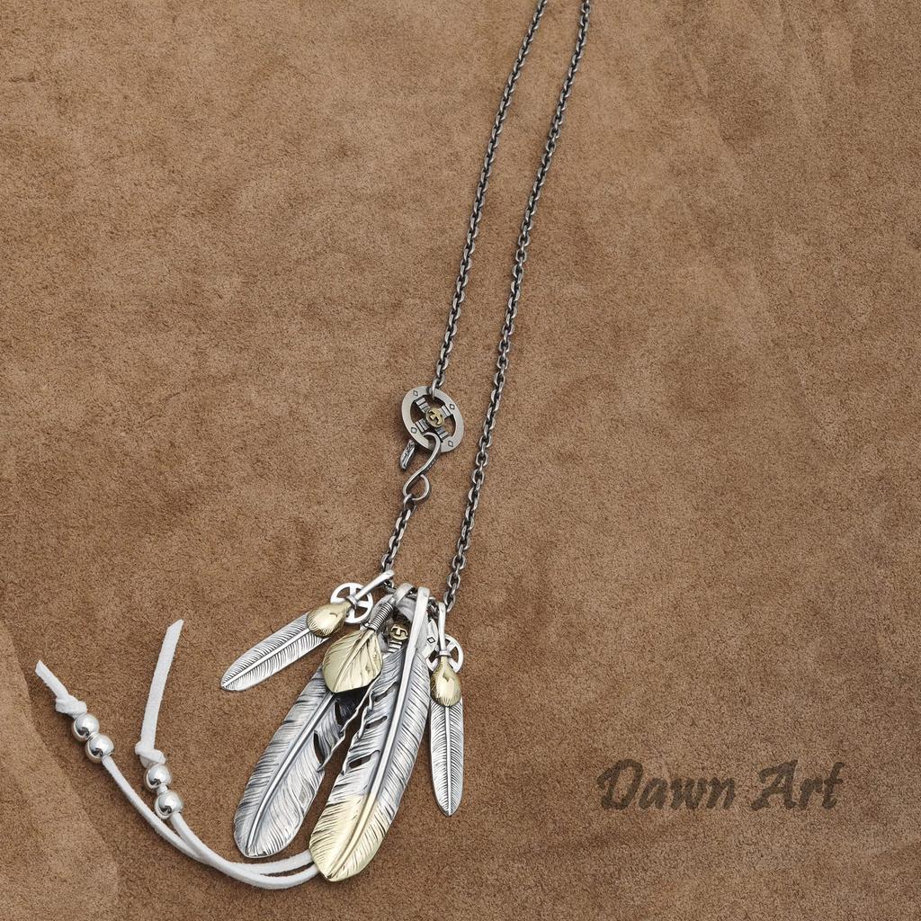 Dawn Art Silver 925 God Set Feather Necklace Celebrity Model Extra Large Feather Silver Gold Wheel Hook 925 [Dawn Art]