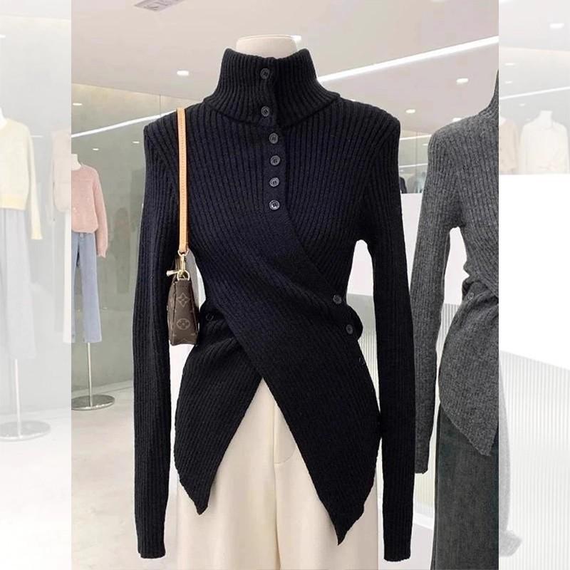 Grey turtleneck cotton wool knitted bottoming shirt women's autumn and winter irregular waist sweater with split top