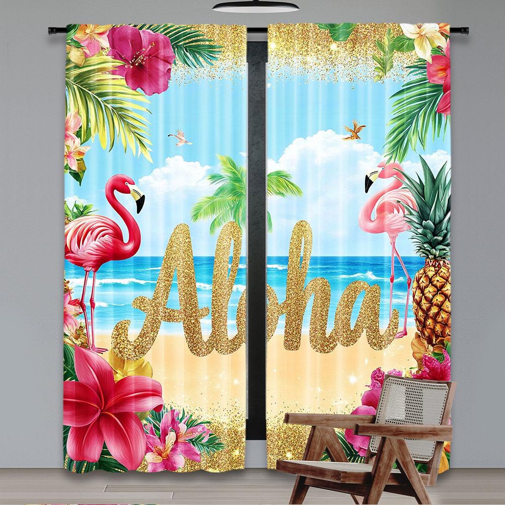 2Pcs Curtain Hawaiian For Party Decorations Tropical Palm Leaves Flower Beach Suitable For Living Room Bedroom And Many Other