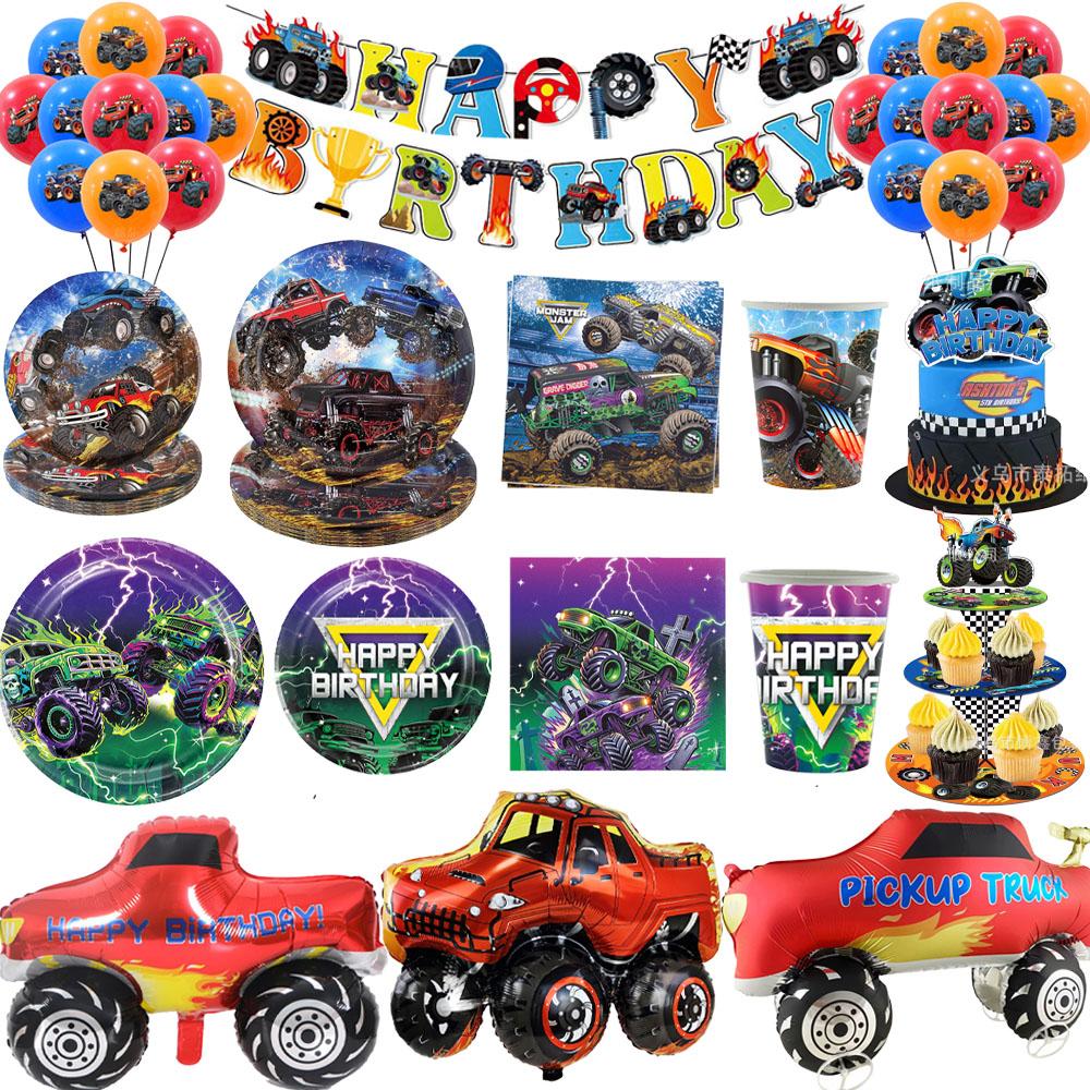 Monster Truck Party Decoration Disposable Tableware Plate Cup Napkins Truck Off road Vehicle Balloon Boy Birthday Party Supplies