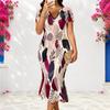 Women Plus Size V Neck Short Sleeve Printed Fitted Fishtail Dress With Pockets