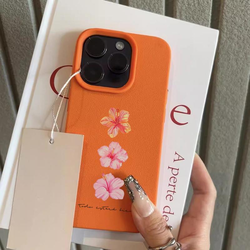 Hibiscus Flower Pattern Lychee Texture Silicone Phone Case For iPhone 11 12 13 14 15 16 17 Pro Max 14 Plus 17Air Soft Cover