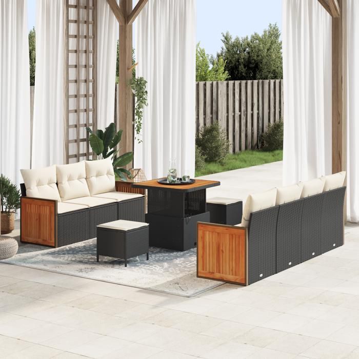 Ensemble de sofa de jardin 10 pièces vidaXL avec coussins en poly rotin noir et acacia, Ensemble de repas de jardin 3 pièces 3365215