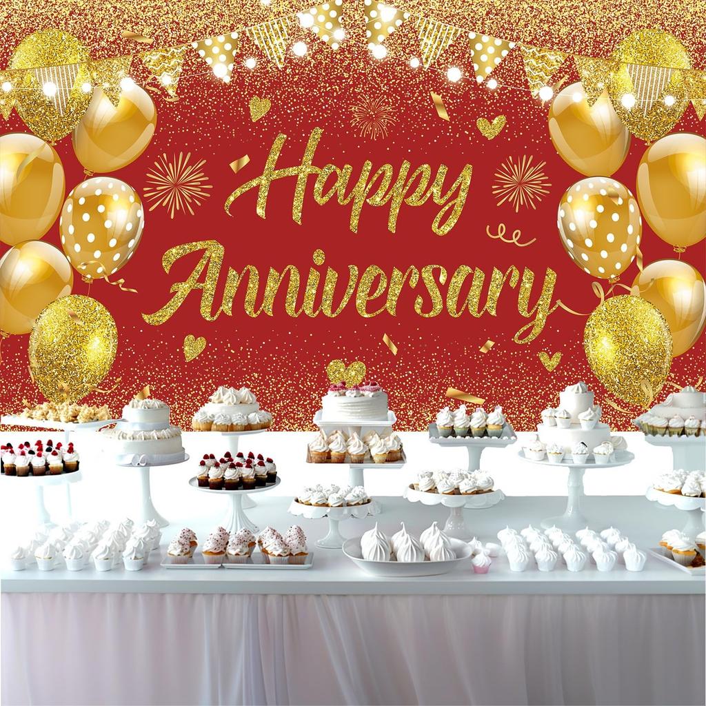 Wedding Anniversary Banner Red Gold Happy Decorations for Women Men Party, In...