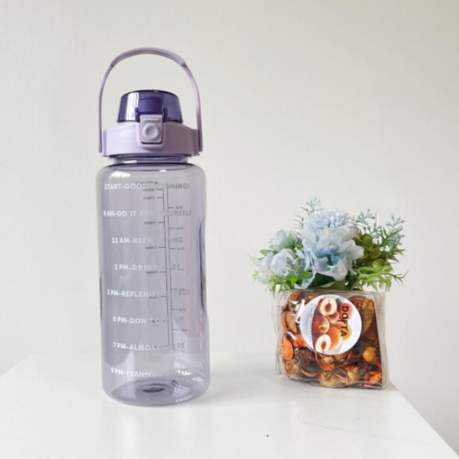 2L Water Bottle with Time Mark, Reusable Outdoor Sports Water Bottle, Straw, Portable Plastic Cup, Large Capacity