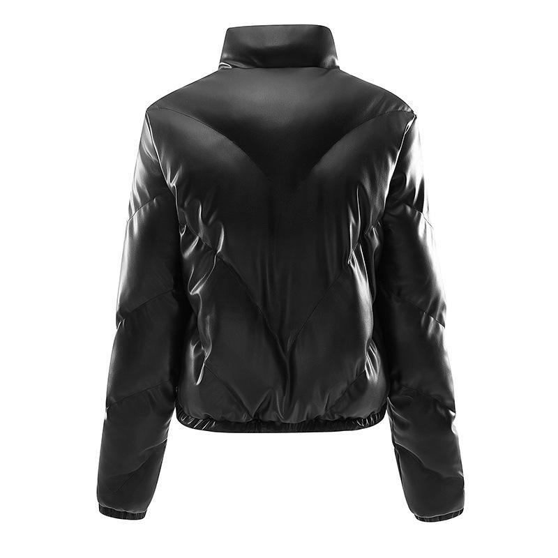 Moda feminina inverno casual fino algodão jaqueta gola de pele sintética e capuz casaco quente com capuz couro pu zíper