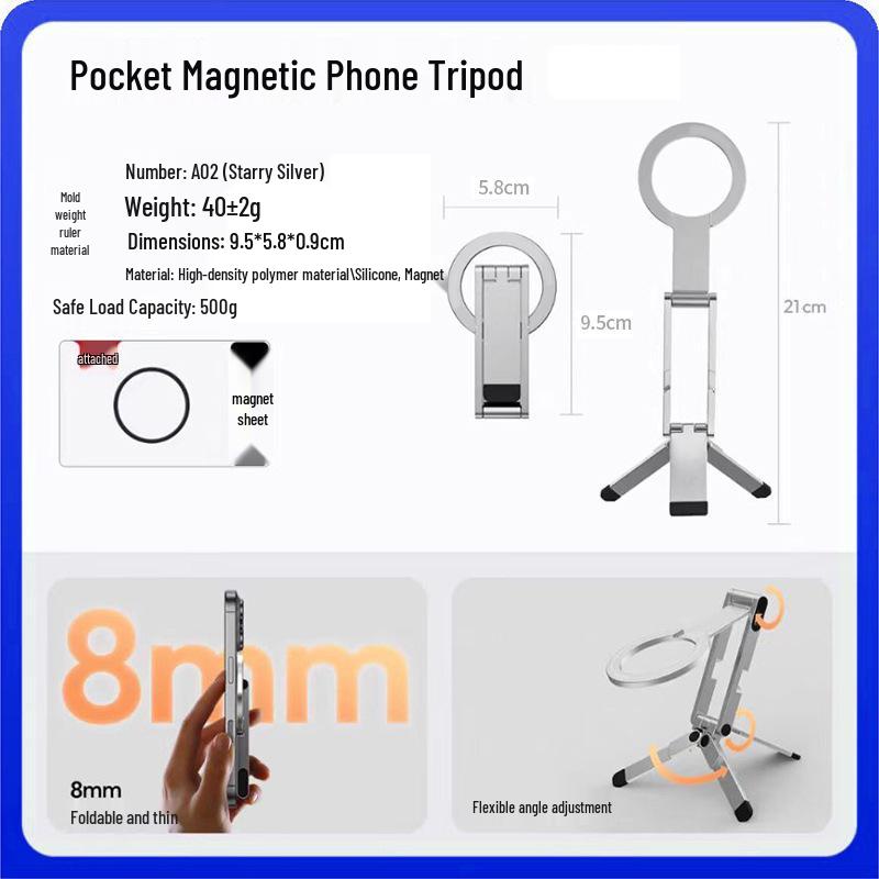 

Compact Foldable Magnetic Phone Holder & Selfie Stick - Portable Tripod for Pocket or Desktop Use