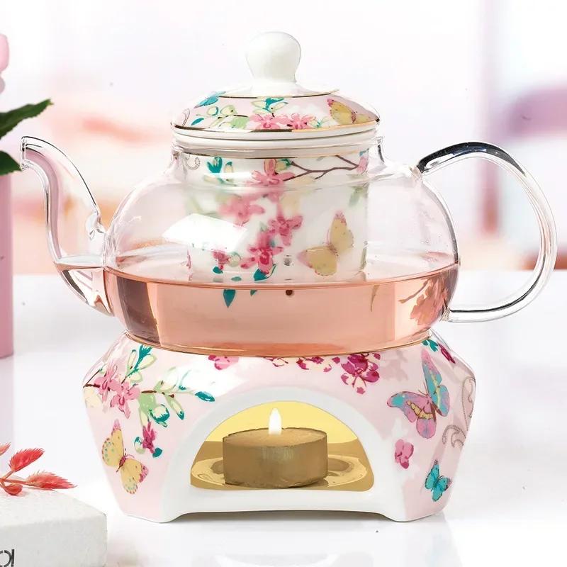 Glas-Teekanne mit Wärmebrenner, Keramik-Heizbasis, Hitzebeständiges Teekannen-Set, Kaffeegeschirr, Nachmittagstee-Geschirr, Mode
