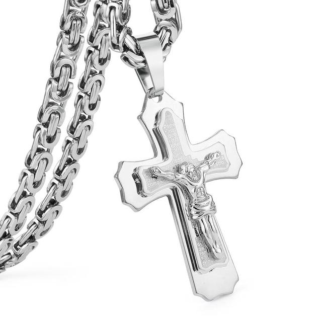 Mehrschichtige Halskette mit Anhänger Kreuz Jesus Christus aus Edelstahl mit byzantinischer Kette, schwerer Herrenschmuck, Geschenk, 21,65 Zoll, 6 mm, Mn78