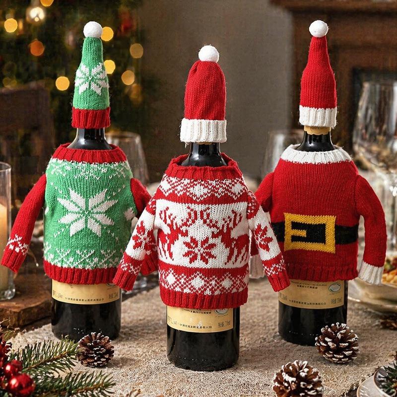 Christmas Wine Set Wool Knitting Ornament Snowflake Wine Bottle Set Restaurant Dress Up Festive Scene Arrangement