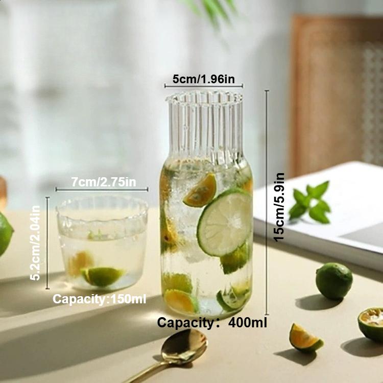 Glass Water Bottle Set 600ML/400ML Glass Bedside Water Bottle with Glass Drinking Cup for Milk Beverage Tea 501-600ml