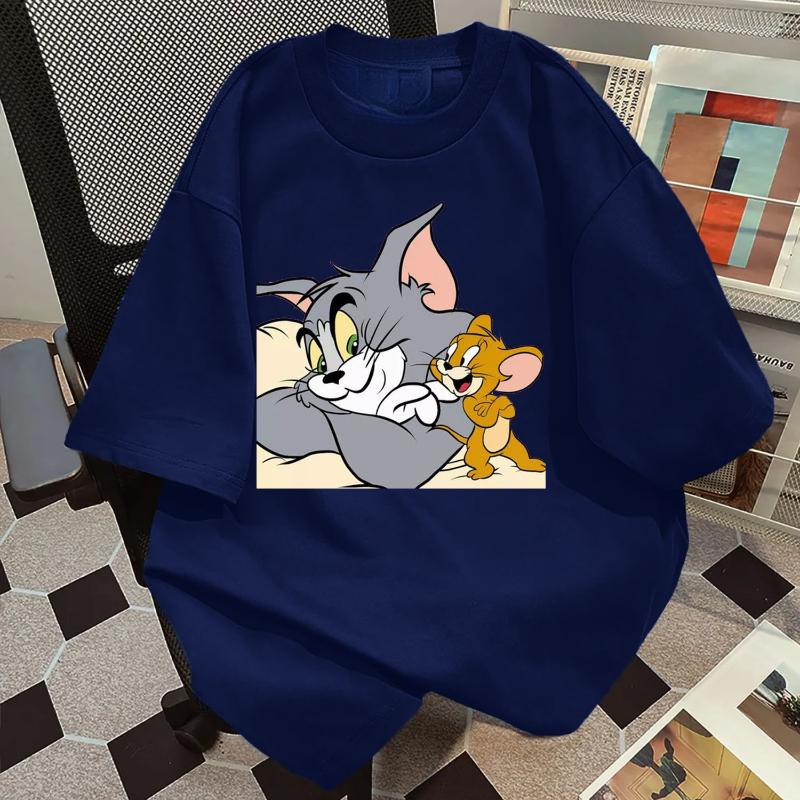 

2025 Tom and Jerry Print 100 Pure Cotton Short-sleeved New Couple Ins Trendy Summer T-shirts for Men and Women 4XL