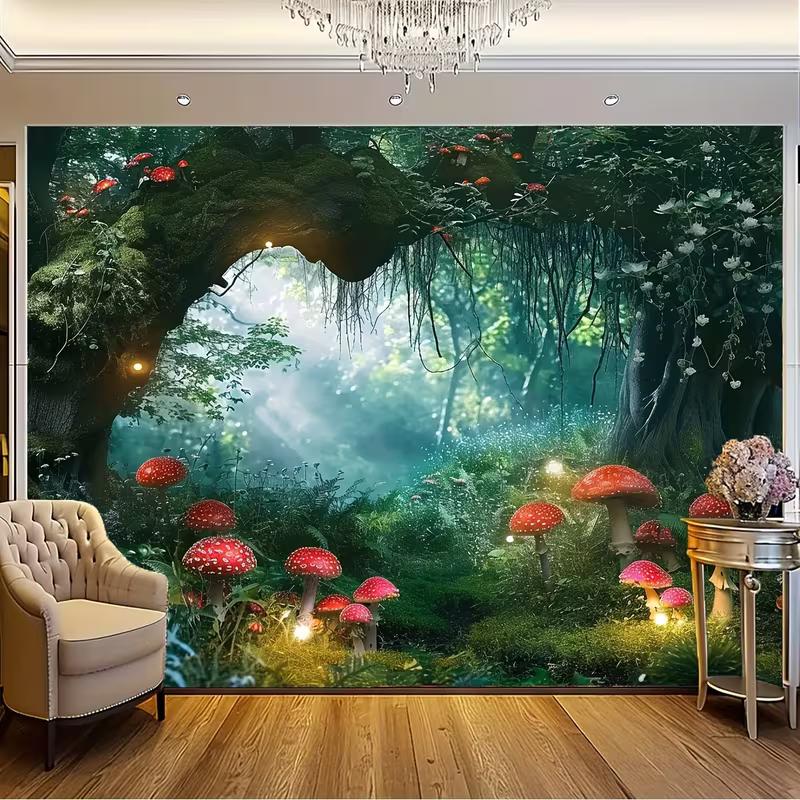 2D Fantasy Fairycore Wandteppich Verzauberter Grüner Wald mit Roten Pilzen Wandkunst