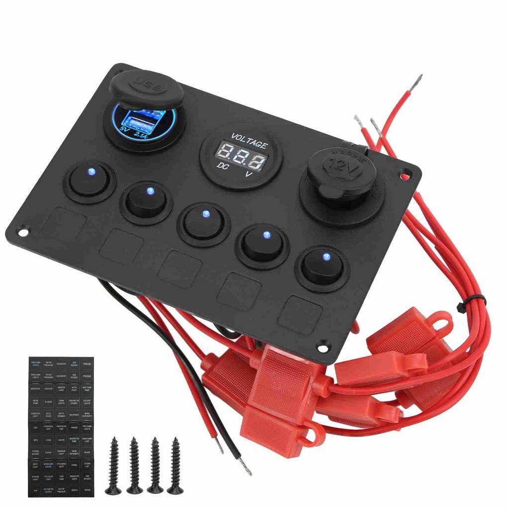 Panel de interruptores basculantes redondos de 12 y 24 V con 5 posiciones, doble puerto USB, cargador de coche, protección contra sobrecalentamiento y uso en barcos.
