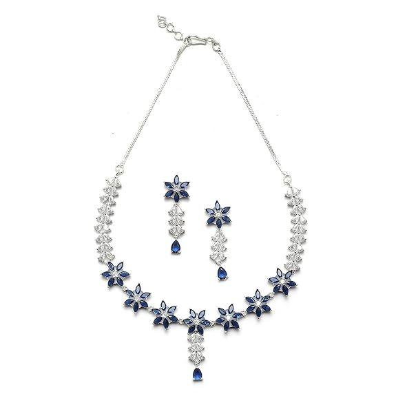 Plated Silver Toned Star Shaped American Diamond Studded Necklace Earrings Jewellery Set for Girls and Women
