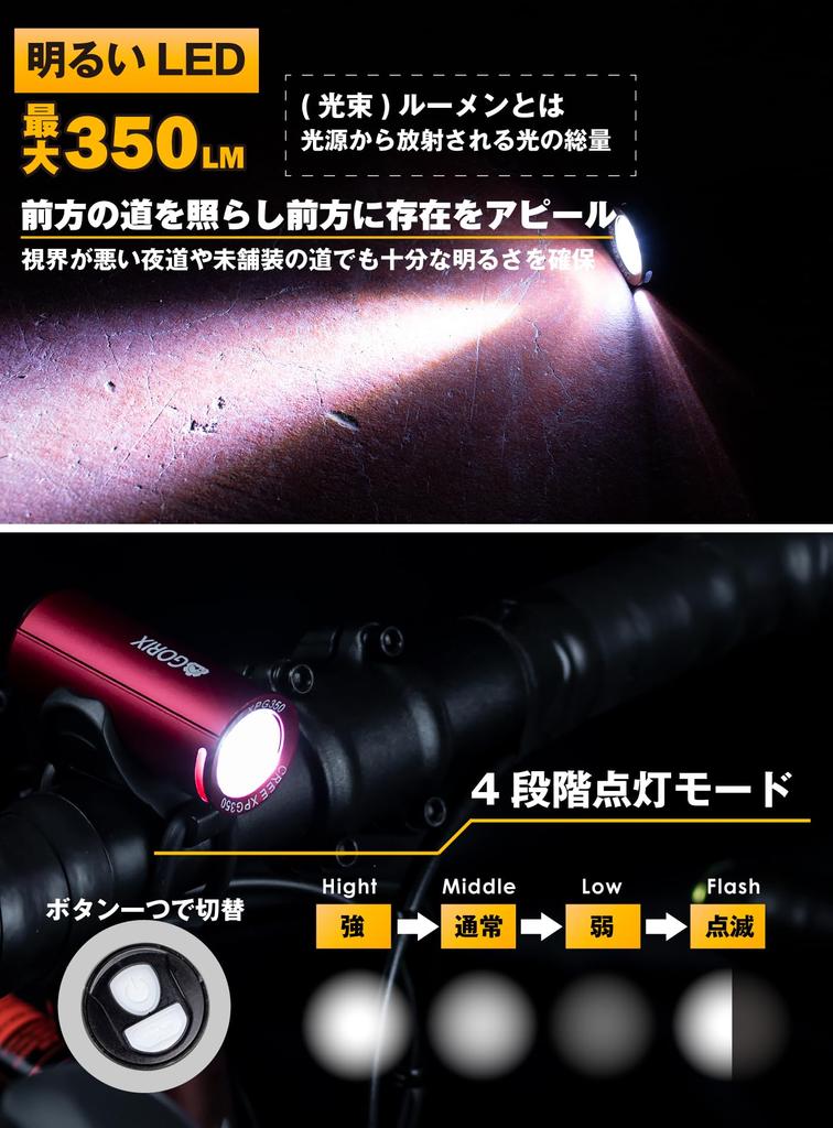 GORIX Bicycle Light with USB and Bright LED Light Charging, Waterproof, (GX-FL1579) (Black)