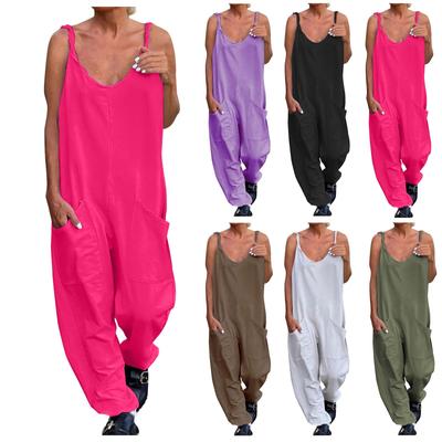 Ladies Wring Shoulder Strap Loose Casual Overalls Resort Solid Jumpsuit With Pockets