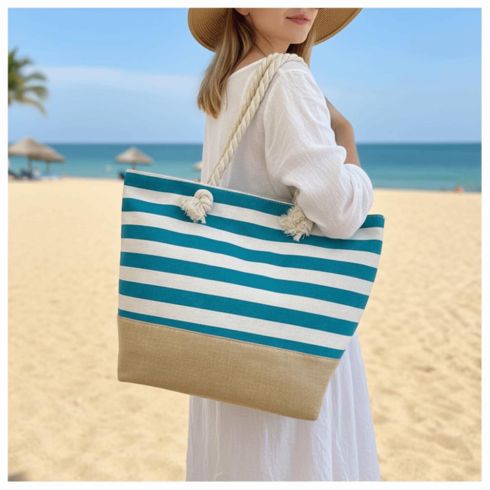 Striped Beach Tote Bag Canvas Foldable Travel Handbag Large Capacity Zipper Gym Grocery Vacation Bags