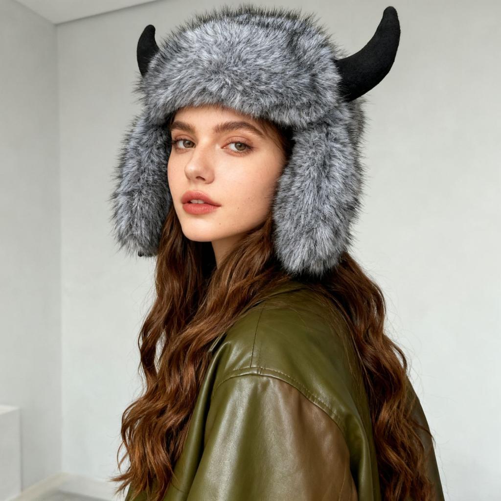 Horn Lei Feng Hat for Men and Women In Winter Warm and Velvet Big Head Circumference Thickened Ear Protection Hat Northeast Imitation Mink Hair Funny