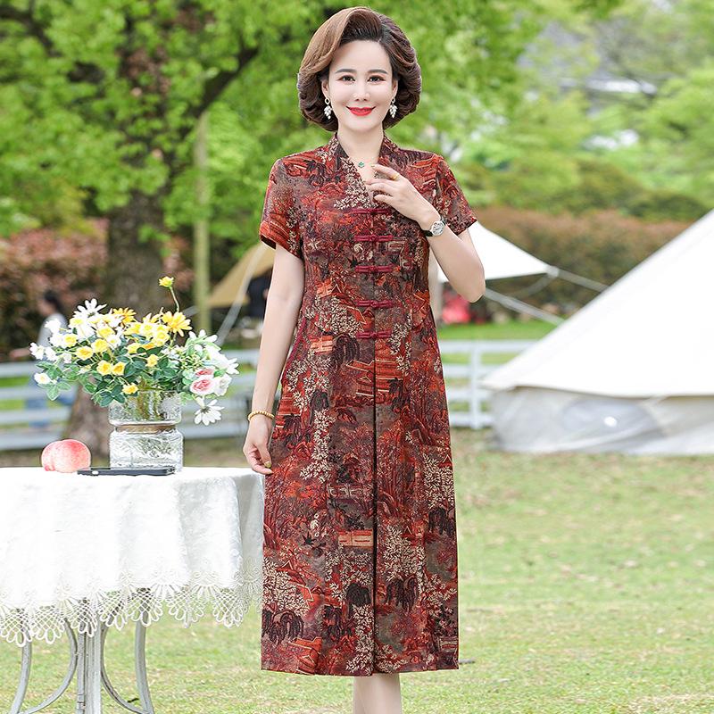 Elegant Vintage Chinese Style Silk Dress for Mature Women