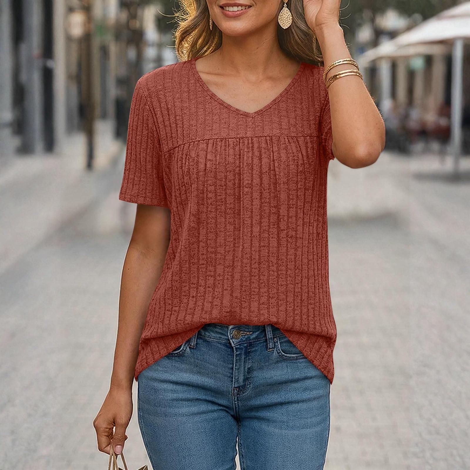 

Women s Summer New Short-Sleeve V-Neck T-Shirt Loose Casual Pleated Top XL коричневий