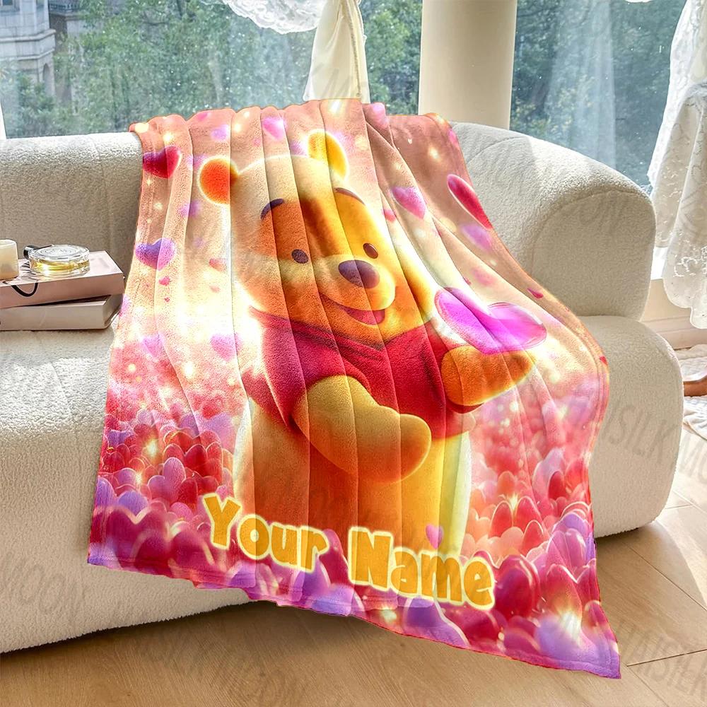 (Memo U Name)1PC Personalized Custom Name Blanket Winnie the Pooh Printed for Sofa Bed Travel Camping Cover Blankets for Gifts