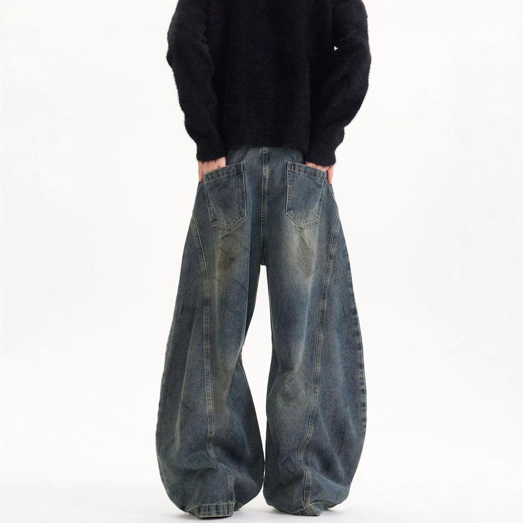 American retro washed old scimitar jeans men's and women's street trendy brand ruffian handsome loose and versatile wide-leg floor-mopping pants