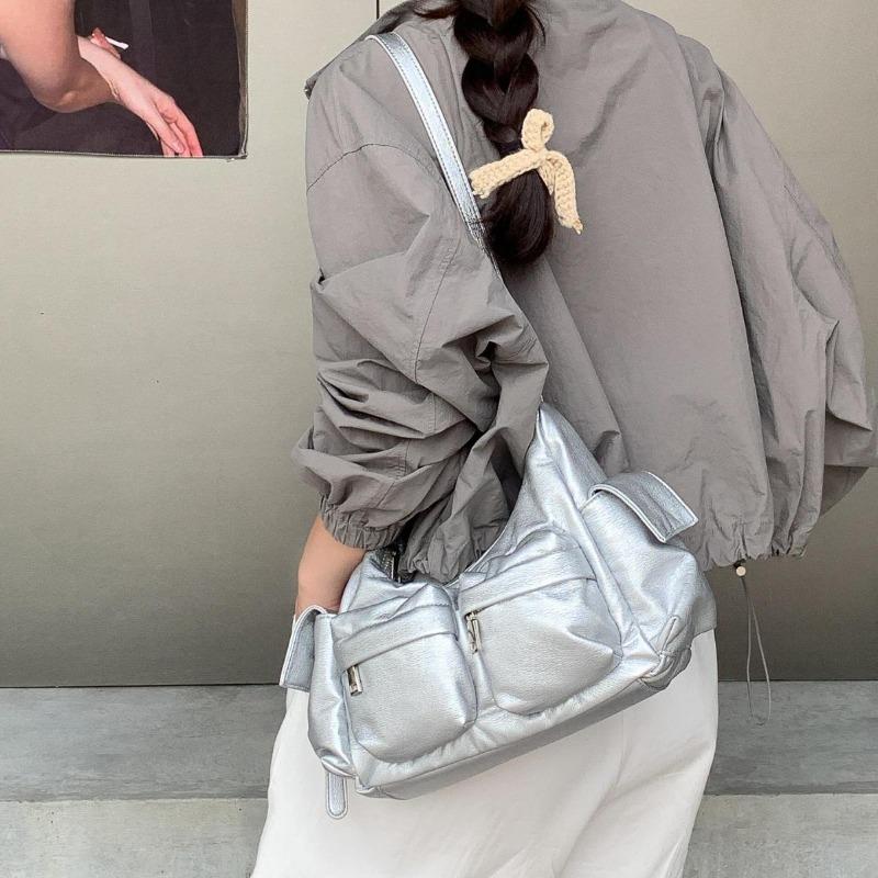 Silver multi-pocket niche design messenger bag women's solid color women's bag versatile soft leather simple shoulder bag women
