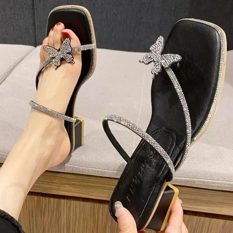 

Summer new Korean open-toe sandals rhinestone women s shoes bow Chunky heel toe-lock high heels 35