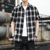 Summer Port Style Loose Lapel Men's Checkered Short-sleeved Shirt Fashion Brand Youth Casual Shirt Men's Cardigan Trend