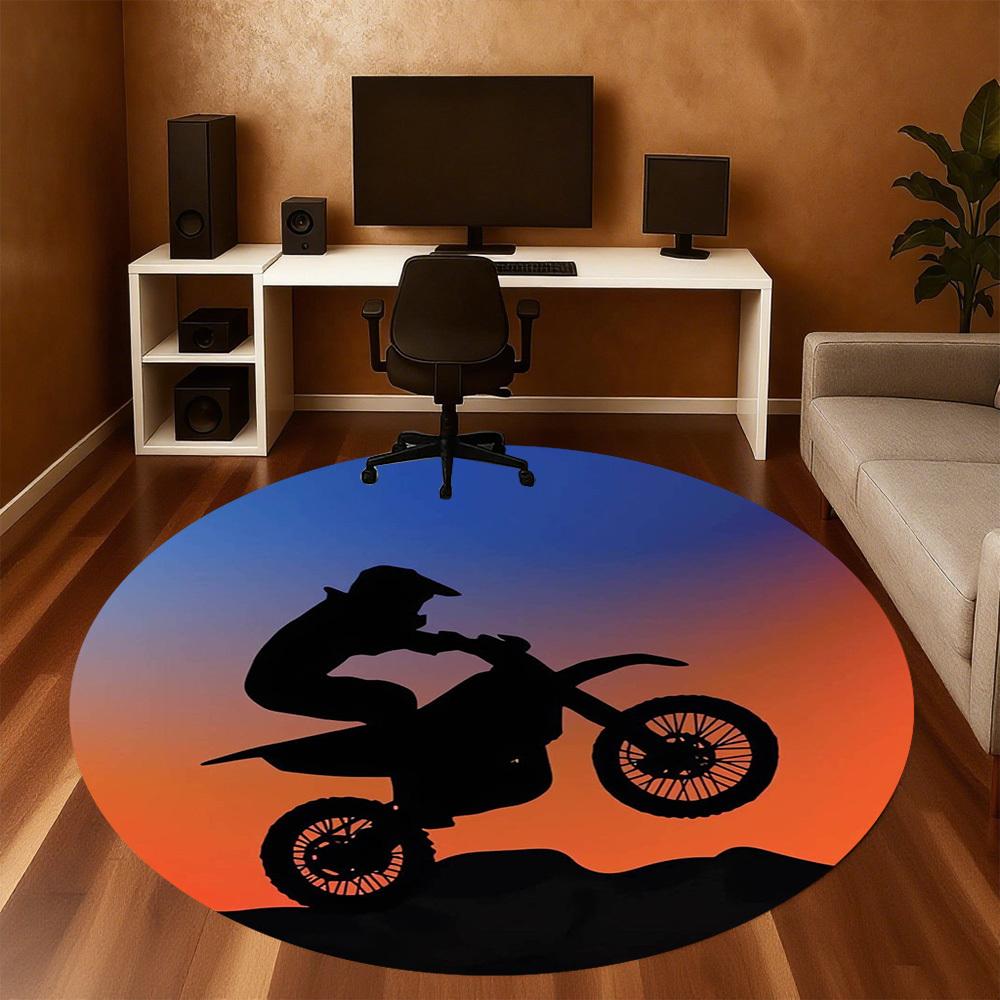 1pc Motorcycle Sunset Round Chair mat Area Rug - Non-Slip, Floor Mat for Office, Bedroom, home decor Christmas Gift p0811050