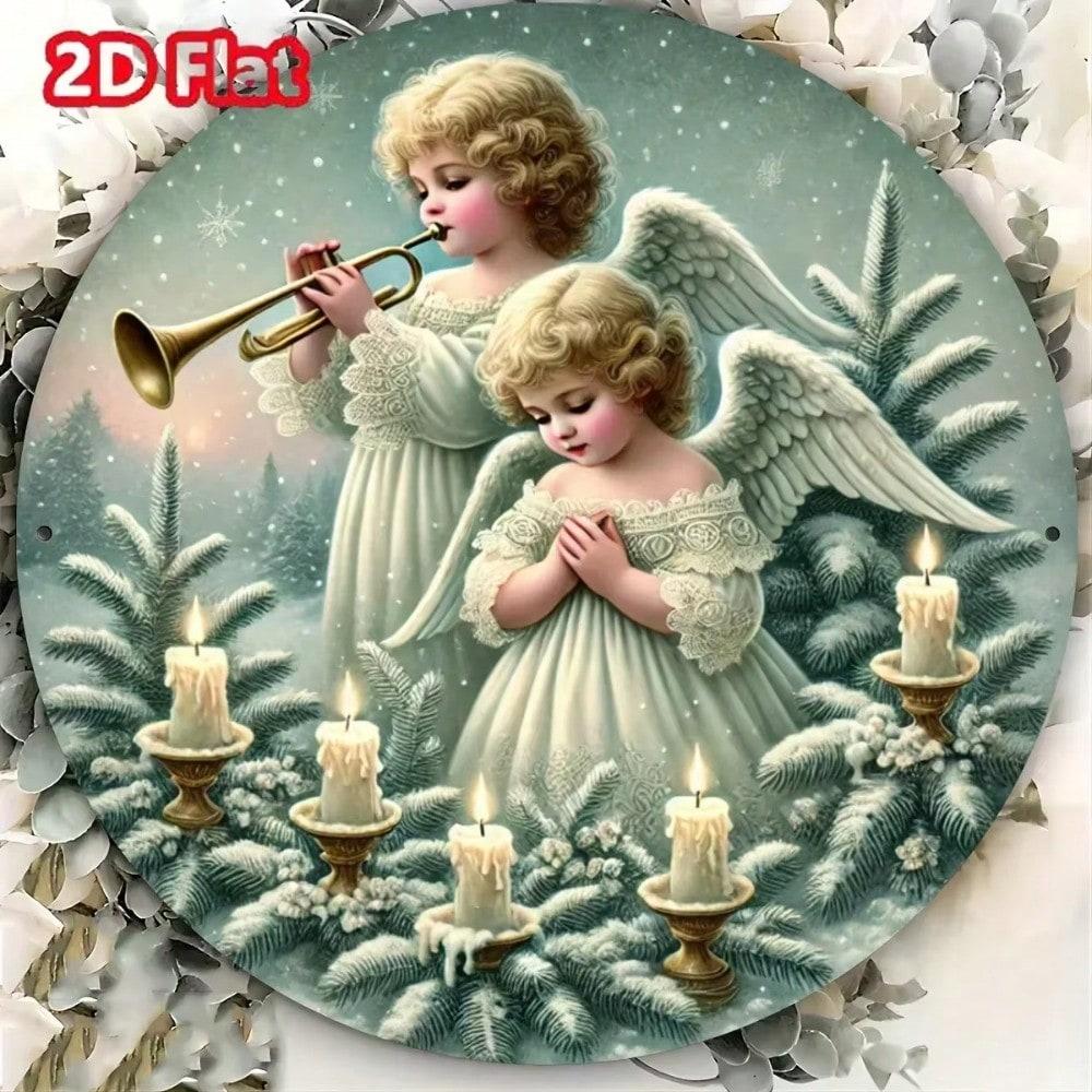 Tinplate Art Round Metal Sign Angel Christmas Tree Home Wall Decor