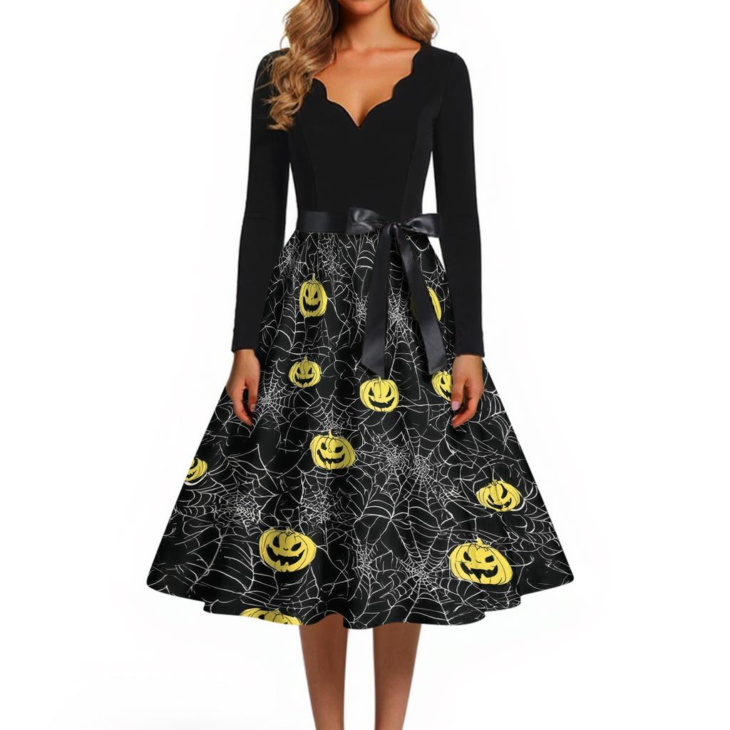 Women's Casual Vintage Halloween Print V Neck Long Sleeve Dress with Waist Tie and Flared Skirt for Everyday Wear